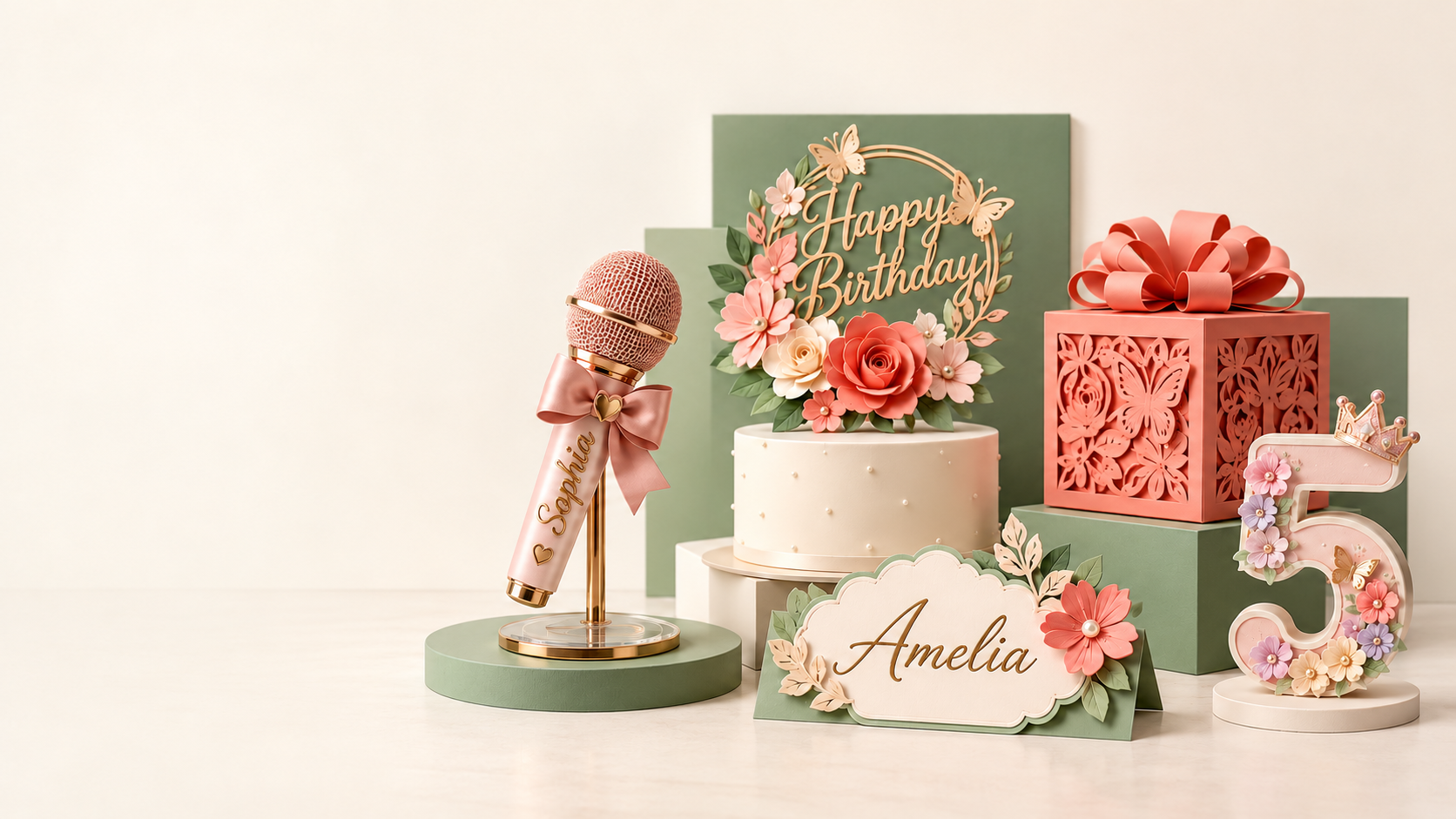 Personalized microphone, floral cake topper, coral gift box, name card, and birthday number five